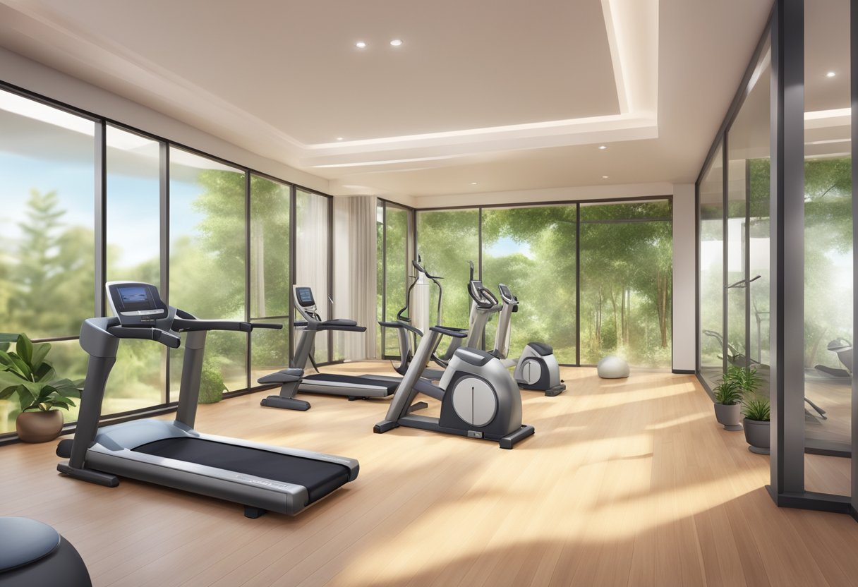 A serene wellness center with modern equipment and soothing ambiance, showcasing various physical enhancement services and promoting the benefits of a healthy lifestyle