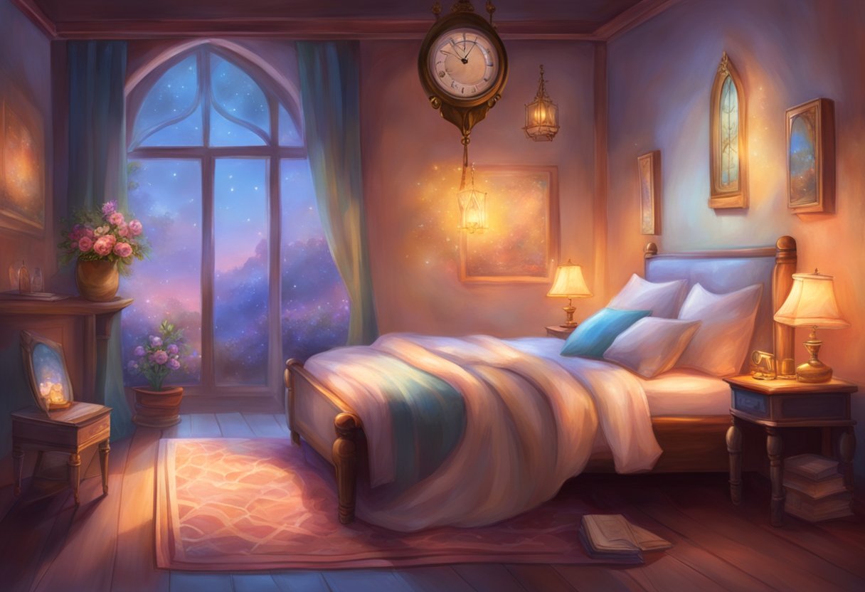 A serene bedroom with a cozy bed, soft pillows, and dim lighting. A clock on the nightstand shows bedtime. A book about sleep rests nearby