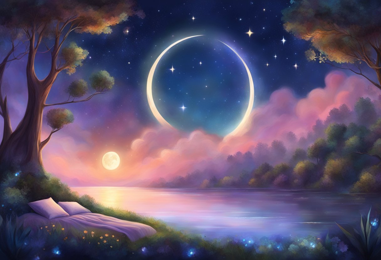 A serene night sky with a crescent moon overlooking a peaceful landscape. A cozy bed with soft blankets and pillows, surrounded by calming elements like plants and essential oils