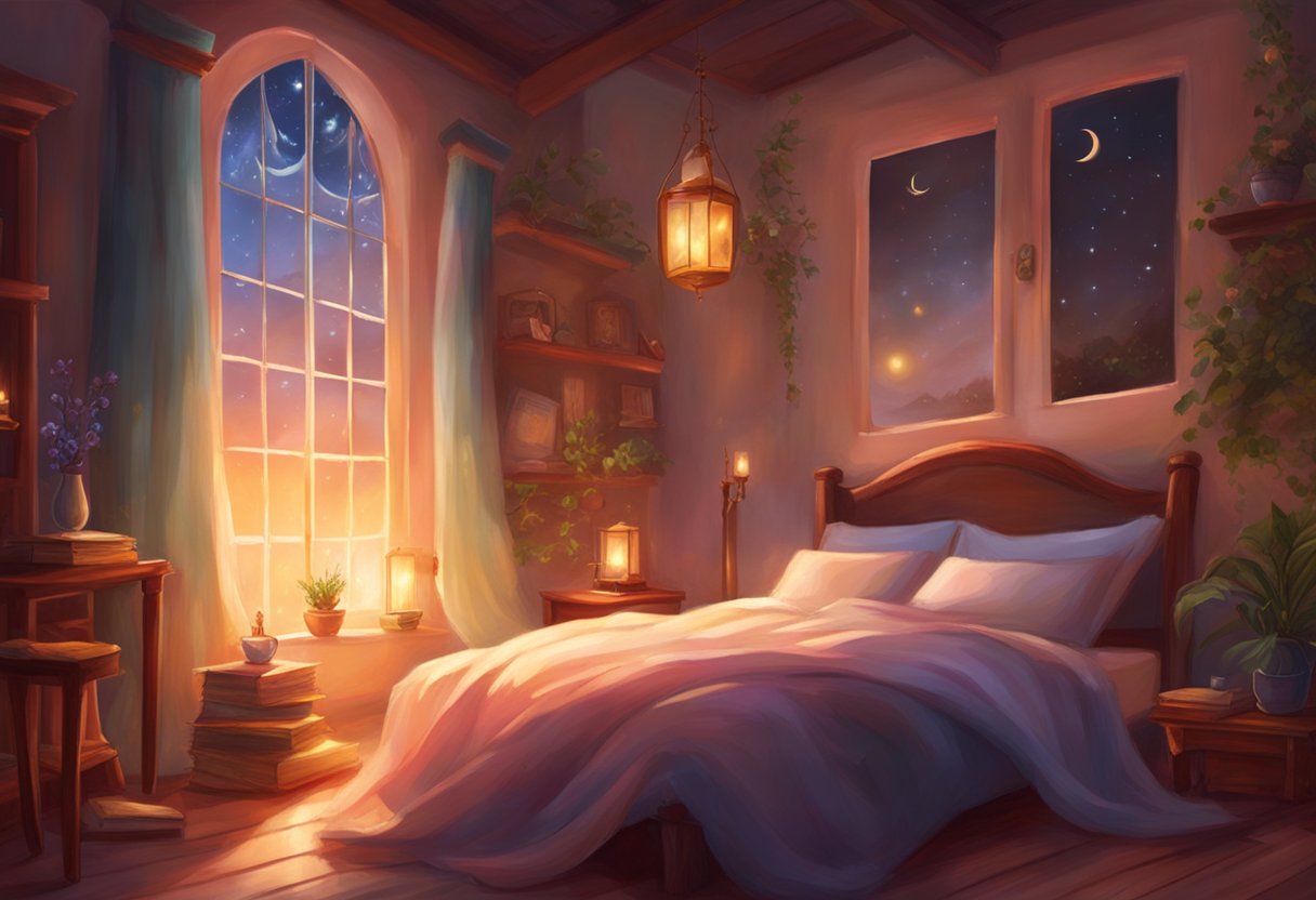 A cozy bedroom with dim lighting, a comfortable bed, and calming decor. A window with soft moonlight filtering in, and a bedside table with a book on sleep