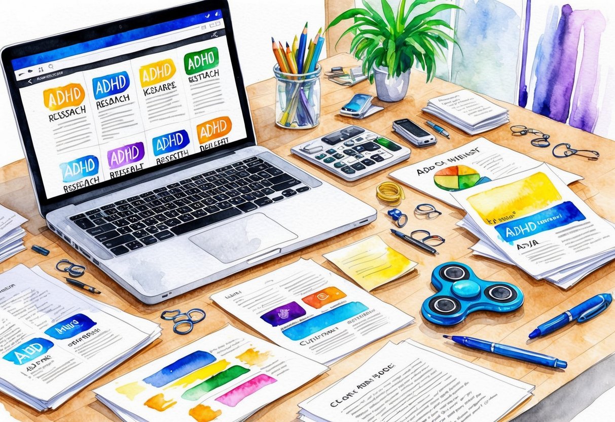 A cluttered desk with scattered papers, a fidget spinner, and a laptop displaying multiple open tabs on ADHD research