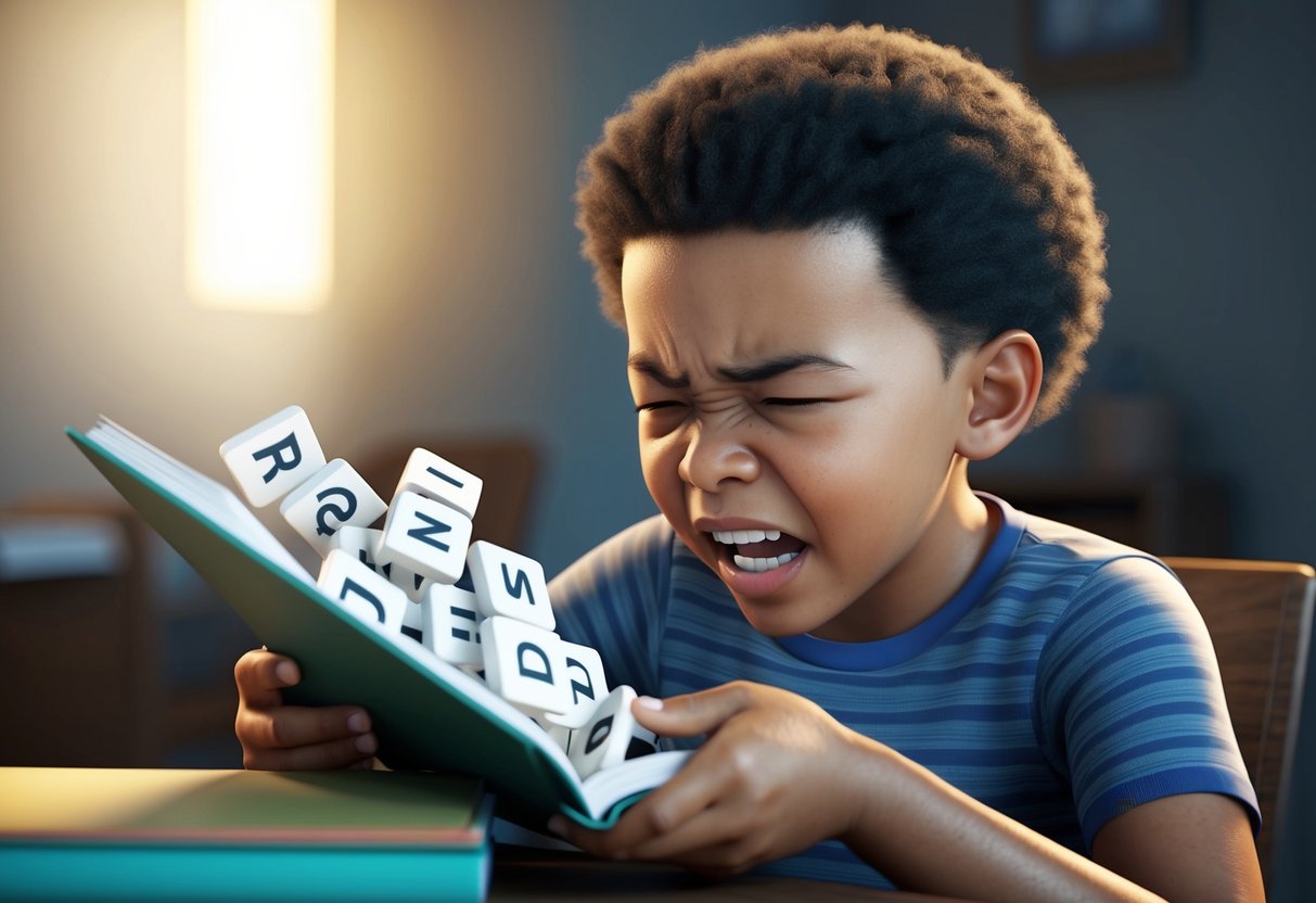 A child struggles to read a book, with letters appearing jumbled and difficult to decipher. Frustration is evident on their face as they try to make sense of the words