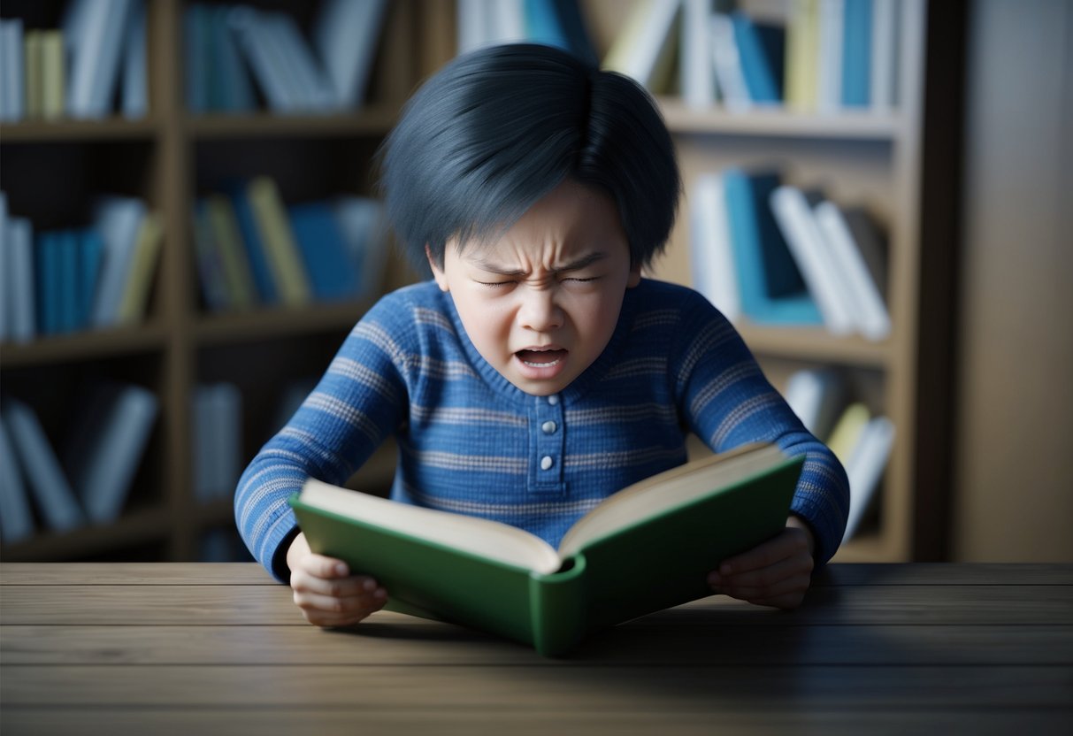 A child struggles to read a book, letters appearing jumbled and blurry. Frustration is evident on their face as they try to make sense of the words