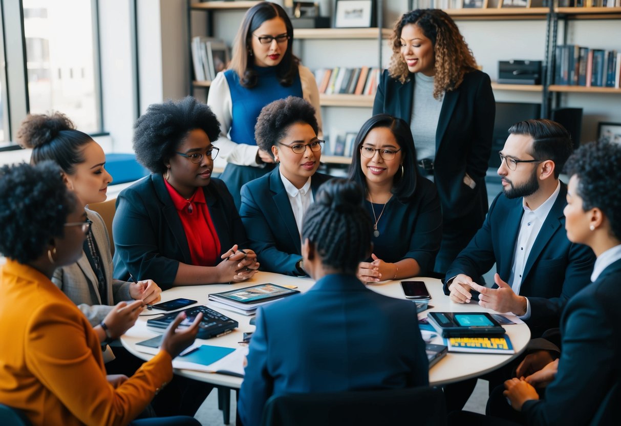 A diverse group of individuals from marginalized communities gather around a table, engaged in a discussion while surrounded by various forms of media