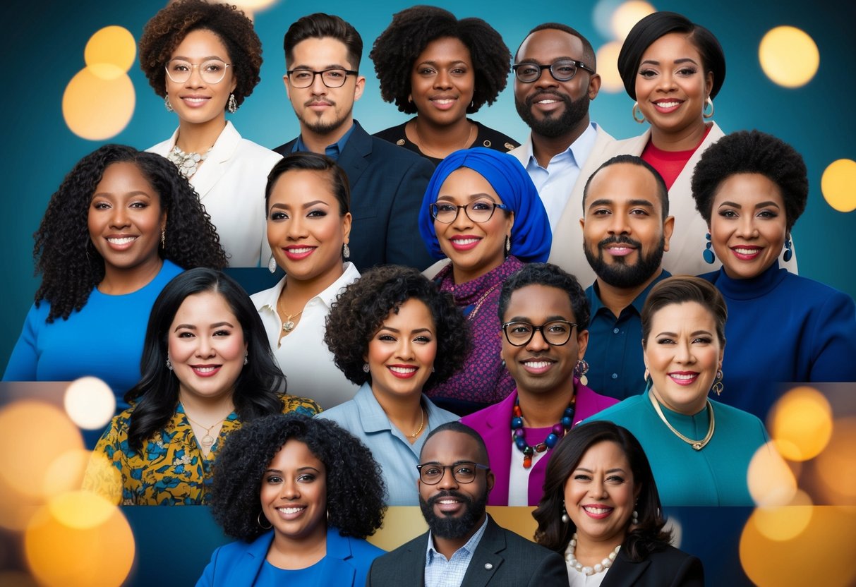 A diverse group of people from marginalized communities are depicted in various forms of media and leadership roles, showcasing their representation and empowerment