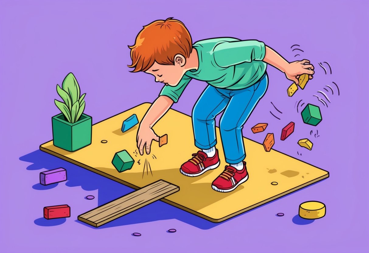 A child struggles to coordinate movements, dropping objects and tripping over obstacles while attempting to complete a simple task