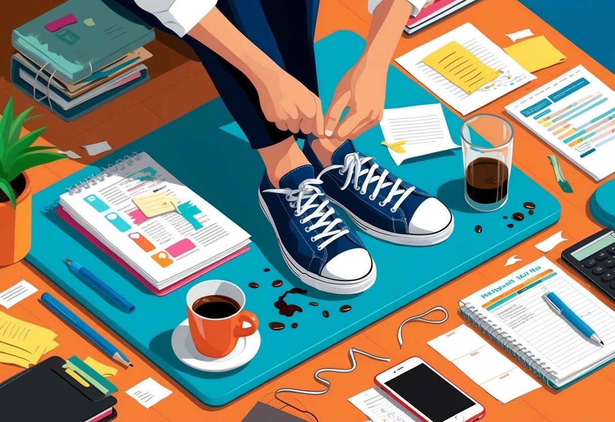 A cluttered desk with scattered papers, spilled coffee, and a disorganized planner. A person struggles to tie their shoelaces