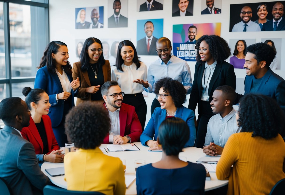 A diverse group of people from different backgrounds and cultures gathered around a table, engaging in a lively discussion. A wall behind them displays various media representations and leadership figures from marginalized groups