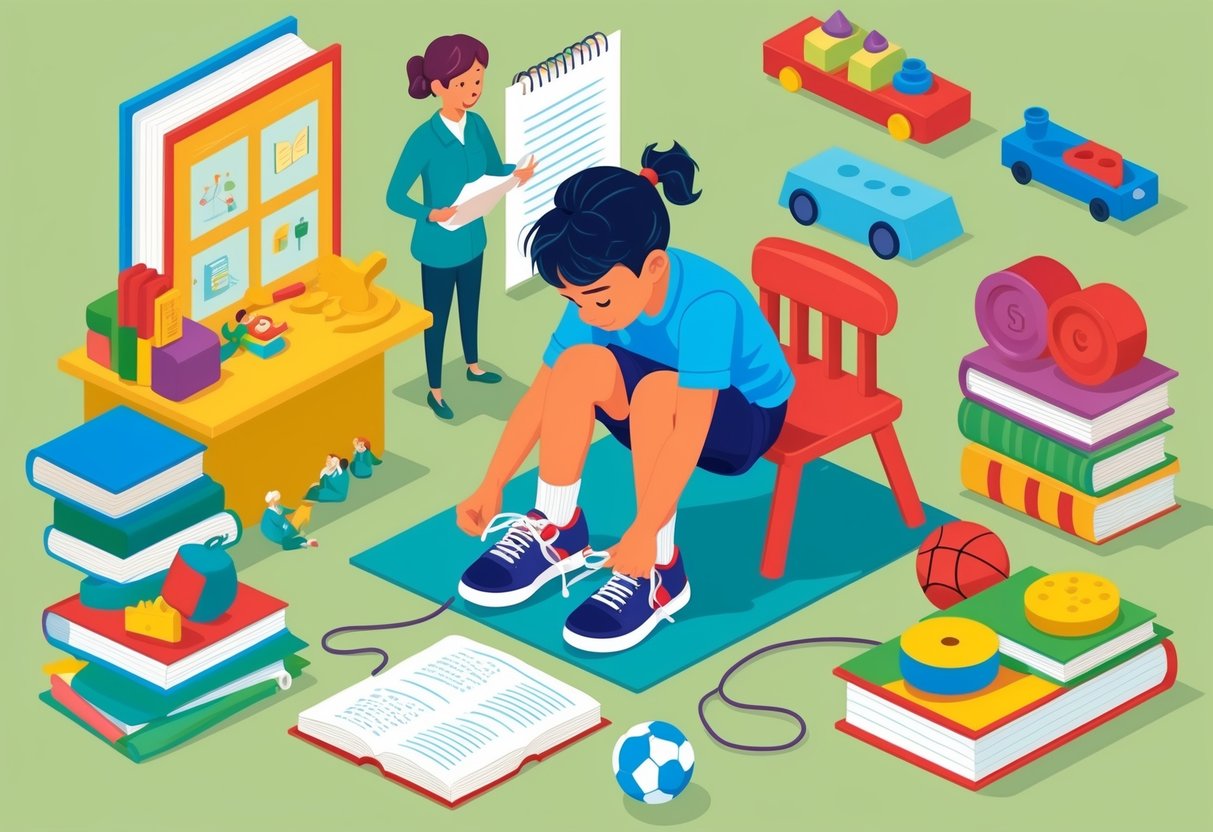 A child struggles to tie their shoes, surrounded by books, toys, and therapy equipment. A speech therapist observes, taking notes