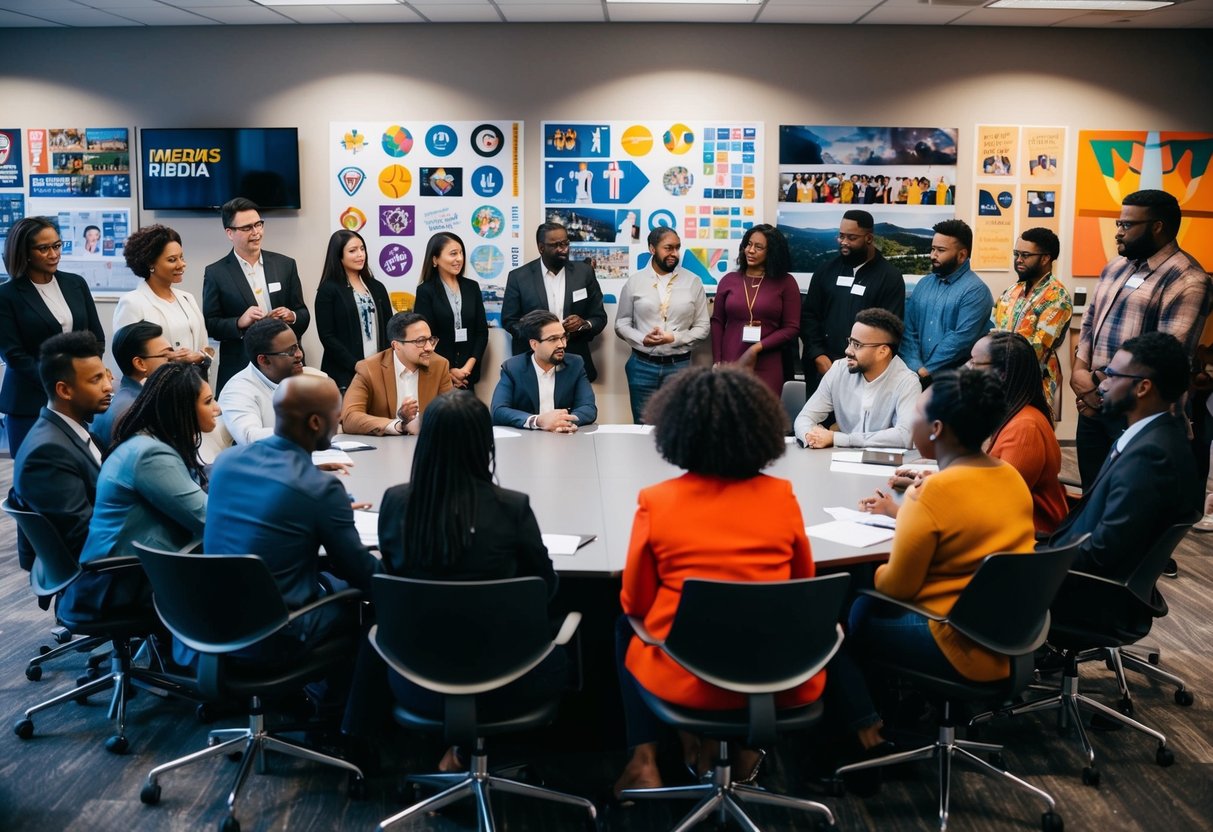 A diverse group of people gather around a large table, engaged in discussion and collaboration. A variety of cultural symbols and imagery adorn the walls, representing the intersection of media and leadership within marginalized groups