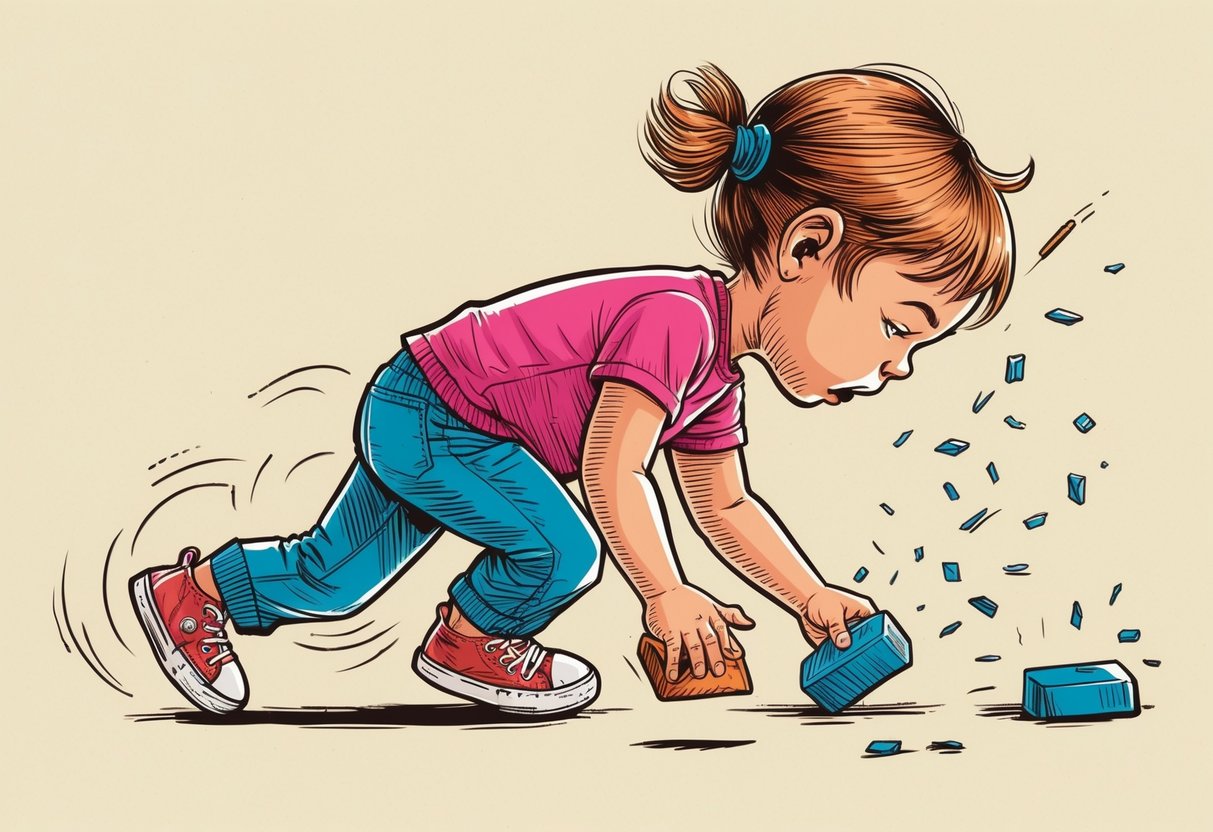 A child struggles to coordinate movements, dropping objects and stumbling while attempting to walk