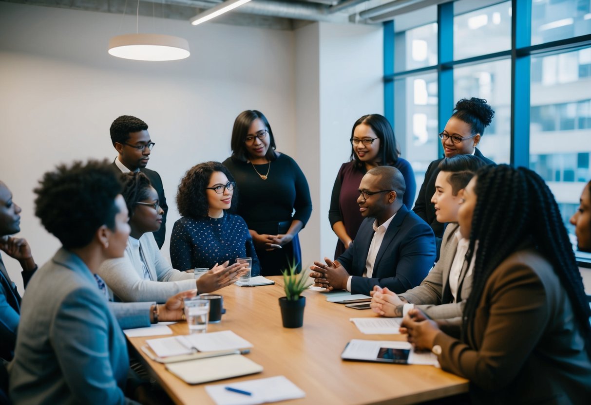 A diverse group of people from marginalized communities gathered around a table, engaging in a discussion about media representation and leadership