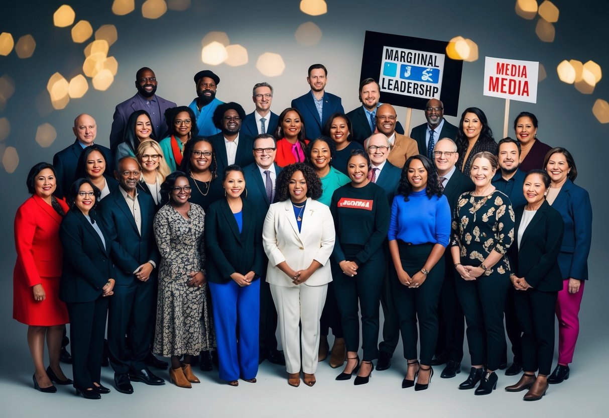 A diverse group of people from marginalized communities standing together, with symbols of media and leadership surrounding them