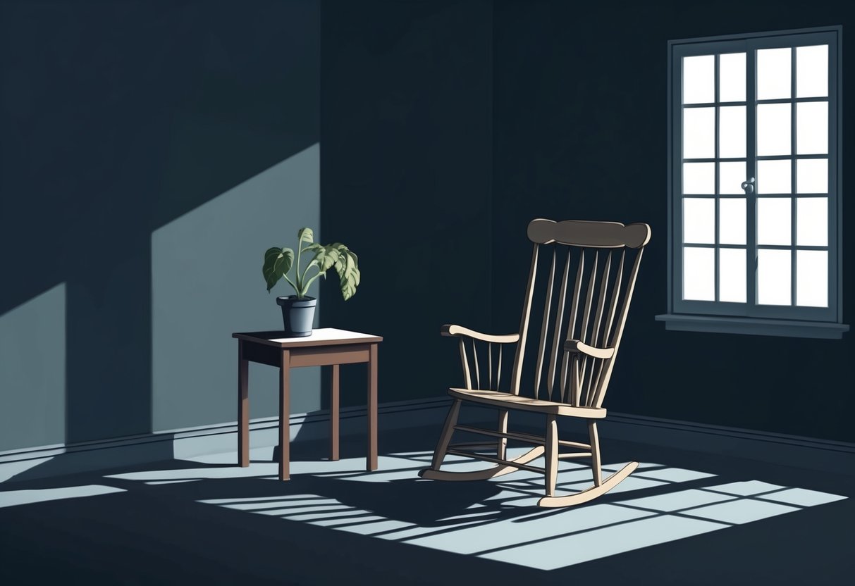 A dimly lit room with an empty rocking chair and a closed window, casting shadows on the floor. A wilted plant sits on a table