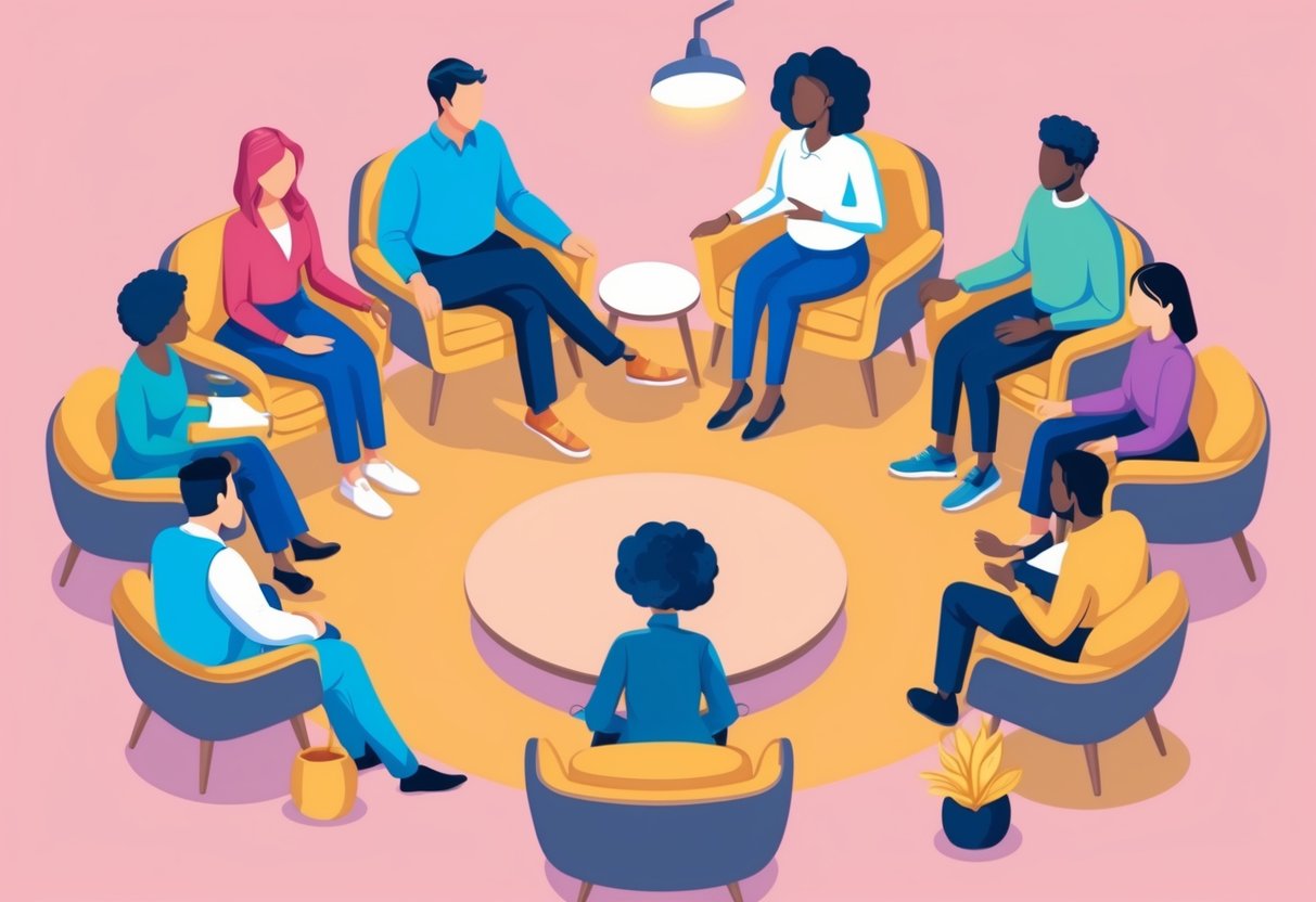 A diverse group of individuals engaging in group therapy, with a focus on trauma-informed care and mental wellness. The setting is warm and inviting, with comfortable seating and soft lighting