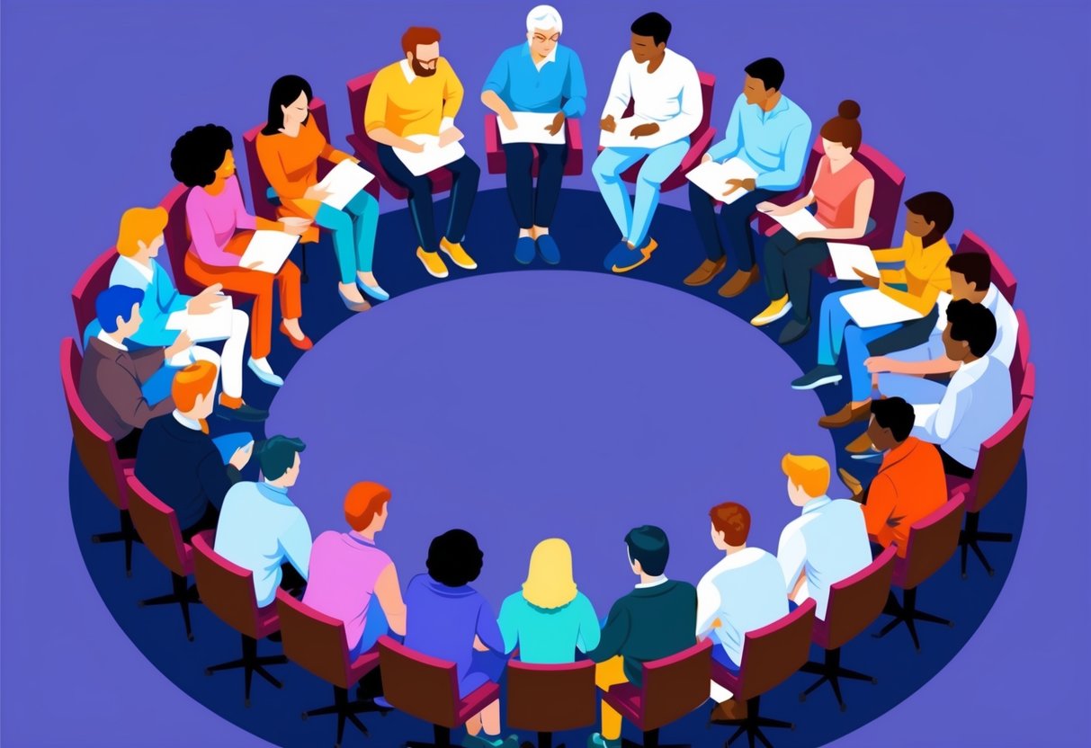 A diverse group of people sitting in a circle, engaged in deep conversation and offering support to one another. The scene exudes empathy and understanding