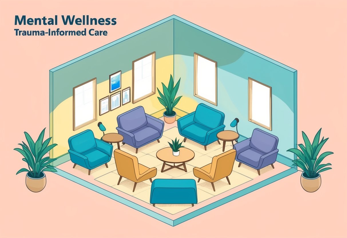 A serene and welcoming environment with soft, natural lighting, comfortable seating, and calming colors to promote mental wellness through trauma-informed care