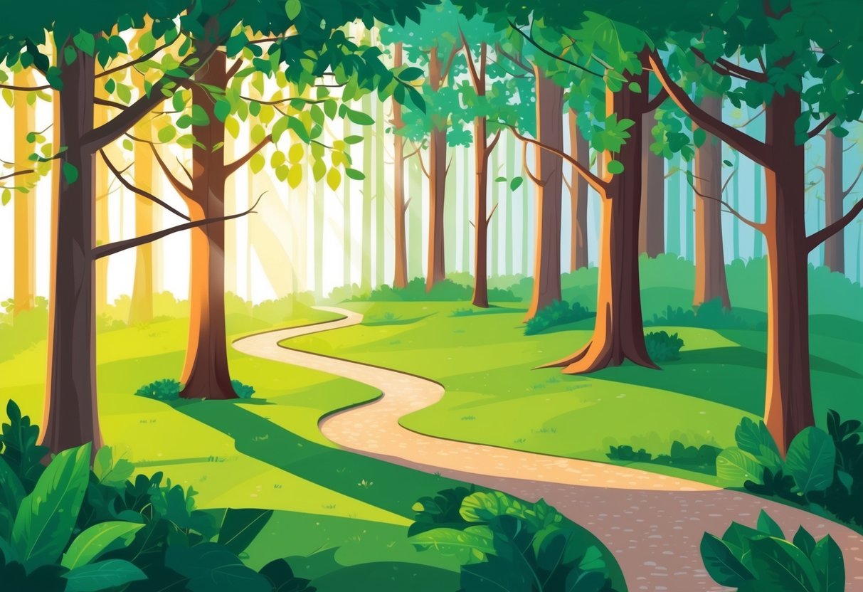 A serene nature scene with a winding path leading through a peaceful forest, surrounded by tall trees and gentle sunlight filtering through the leaves